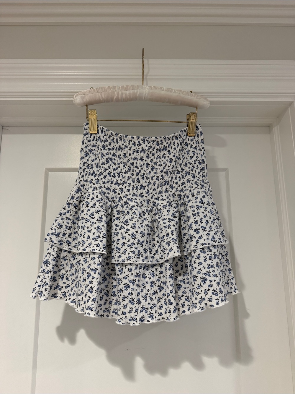 Zara White Skirt with Navy Floral Ruffles